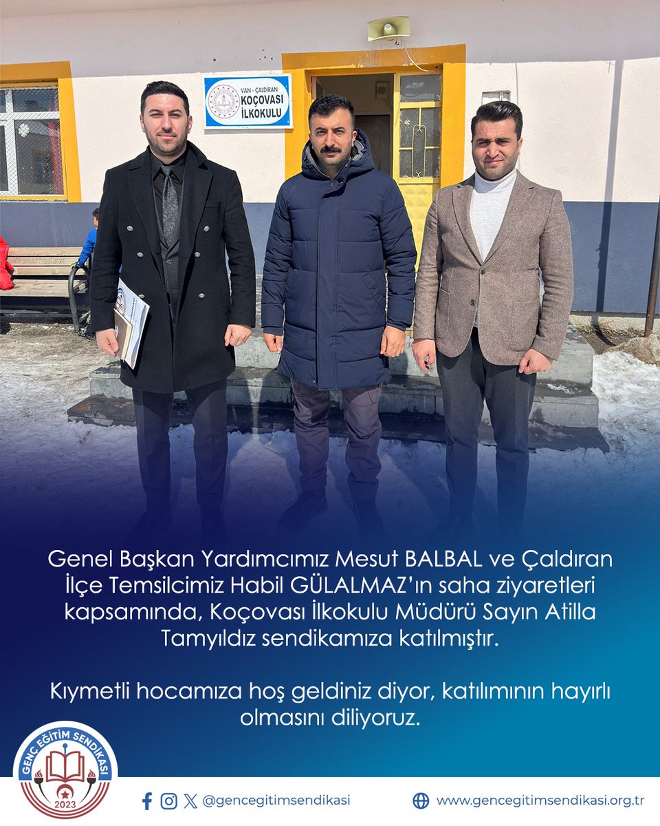 Genel Başkan Yardımcımız Mesut BALBAL ve Çaldıran İlçe Temsilcimiz Habil GÜLALMAZ’ın saha ziyaretleri kapsamında, Koçovası İlkokulu Müdürü Sayın Atilla Tamyıldız sendikamıza katılmıştır.

Kıymetli hocamıza hoş geldiniz diyor, katılımının hayırlı olmasını diliyoruz.