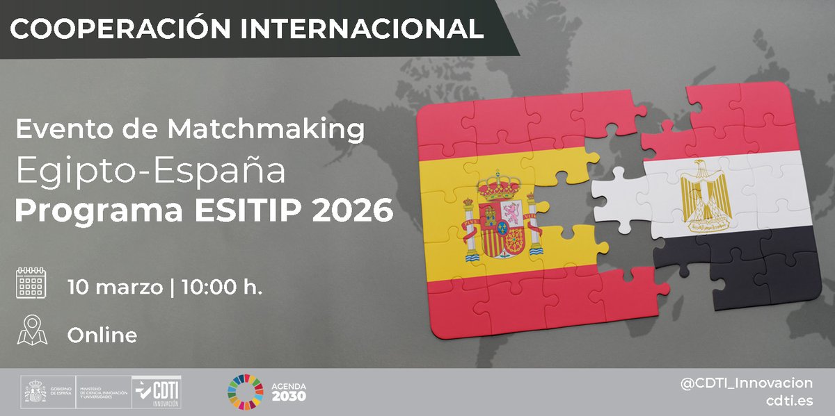 CDTI_innovacion's tweet image. 🇪🇸🇪🇬 Evento de #Matchmaking #EspañaEgipto organizado por el @CDTI_innovacion 👇

 ▶️ Presenta tu idea de proyecto de I+D+i en áreas estratégicas de la 10ª Llamada #ESITIP para proyectos bilaterales en el sector #TIC 
📩 Envío del formulario de búsqueda de socio antes del 4 de
