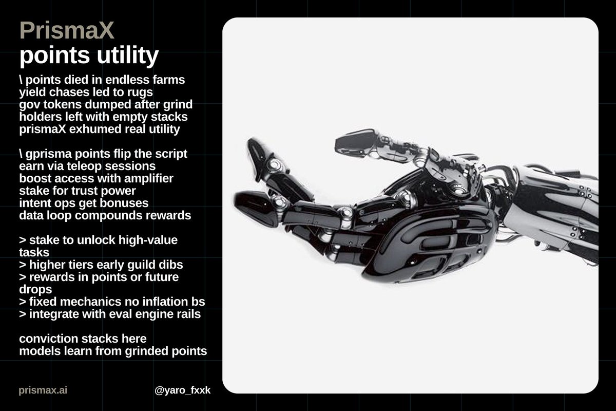 \ prismaX points utility

points died in endless farms
yield chases led to rugs
gov tokens dumped after grind
holders left with empty stacks
prismaX exhumed real utility

\ gprisma points flip the script
earn via teleop sessions
boost access with amplifier
stake for trust power