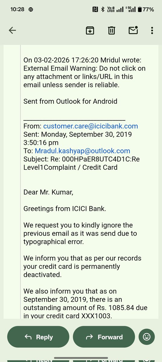 mradul_kumar's tweet photo. @ICICIBank I'm very tired of connecting to an icici customer care person and I am also sending mail. But not anyone shorted my concern and didn't call me regarding CC pending amount. I have already paid the amount and closed the CC but daily I have received the outstanding amount https://t.co/Amt4DW3te0