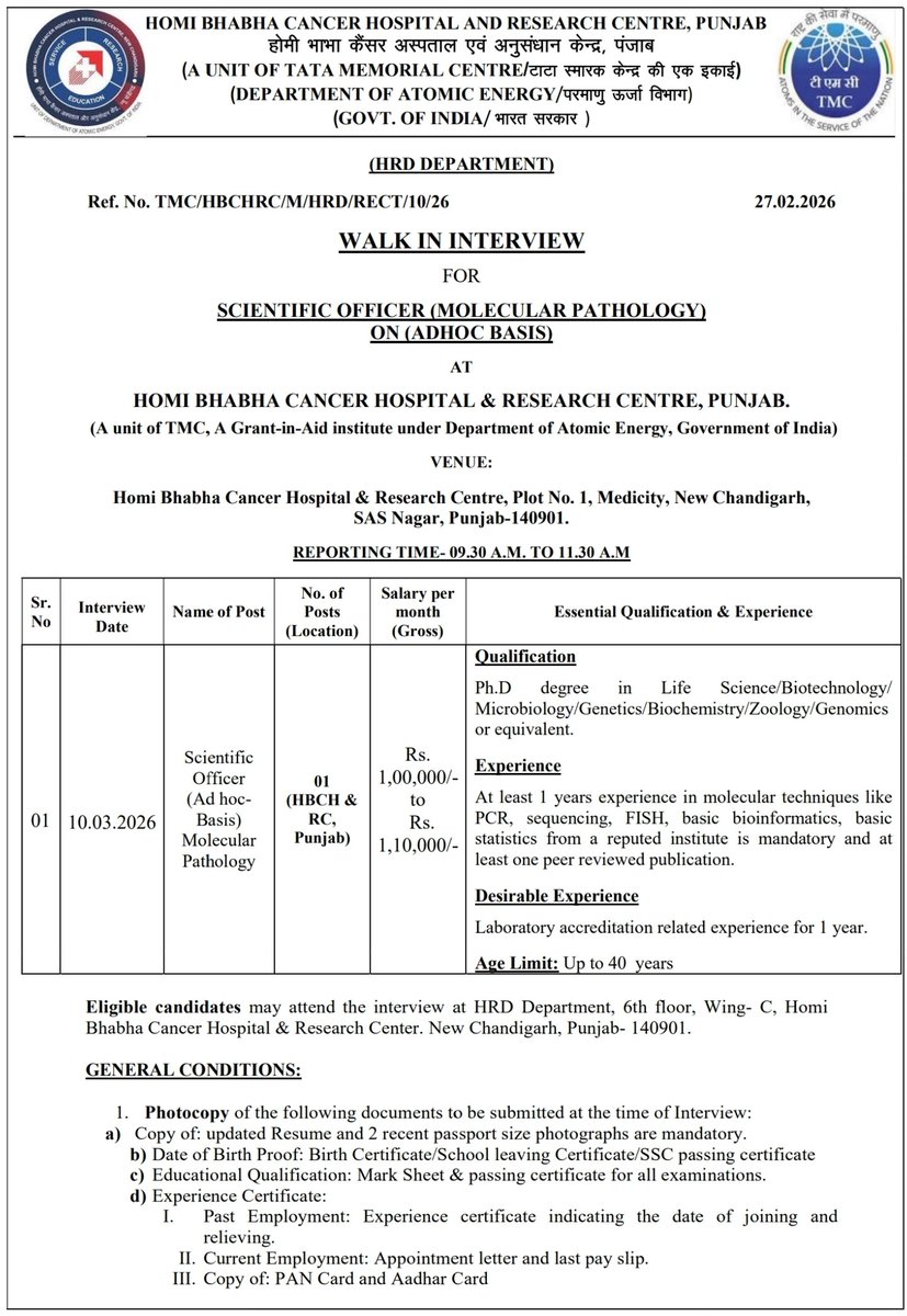 SSVinarkar's tweet photo. 📢 Molecular Pathology Walk-in Interview for Scientific Officer – Molecular Pathology
📍 Homi Bhabha Cancer Hospital &amp; Research Centre, New Chandigarh, Punjab (TMC)
📅 10 March 2026
Great opportunity in cancer molecular diagnostics.
#NGS #MolecularPathology #HBCHRC https://t.co/n6DRQVaggK