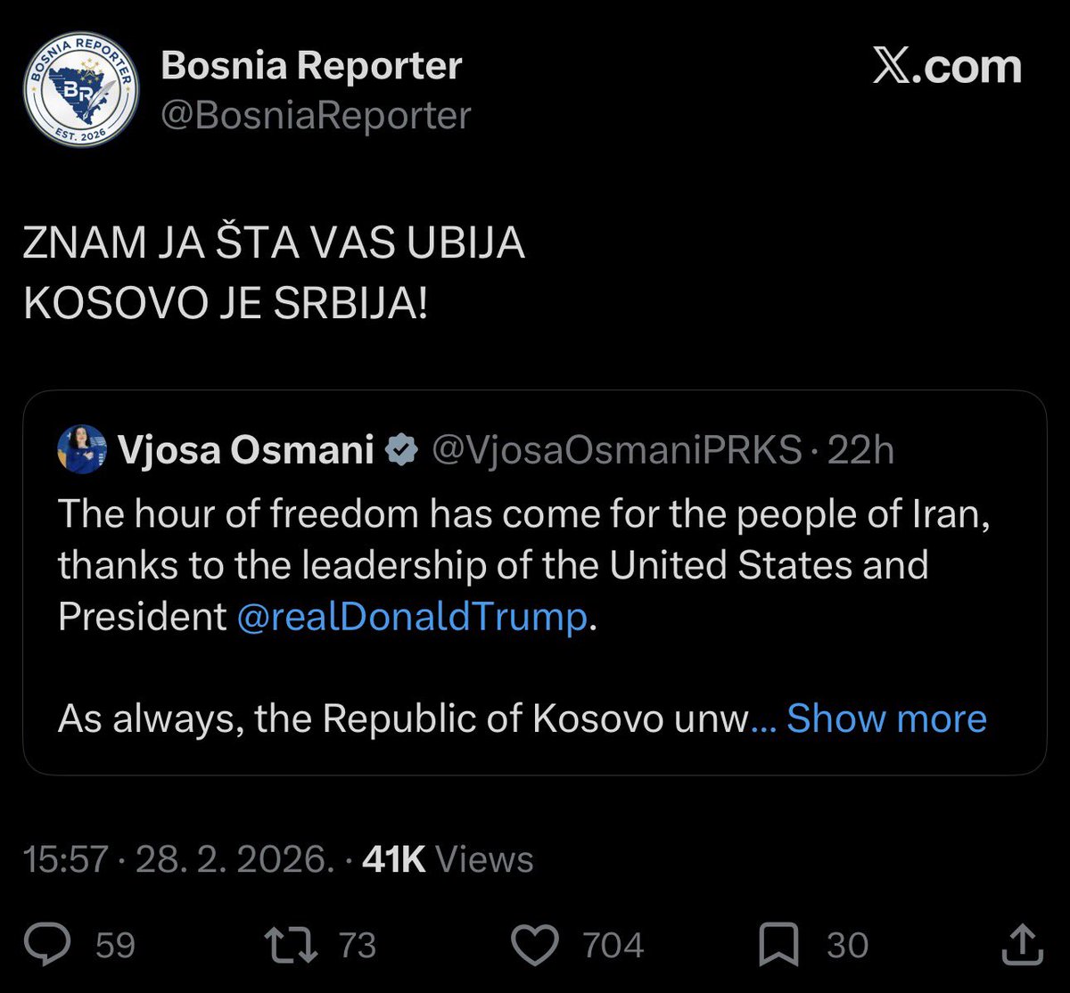 SasaRadulovich's tweet photo. Иран 40% своје нафте извози у Кину. Кина је далеко највећи светски увозник нафте. Кини иранска нафта чини око 15% годишњег увоза нафте.

Све што се дешава данас у свету је последица потпуног заокрета политике САД-а. САД је схватио да му је главни противник Кина, да је кинески државни капитализам победио западни корпоративни глобализам и да морају да мењају игру. Све што САД ради је усмерено против Кине.

Кина почиње да издаје веома тешка сопштења, готово без рукавица, у вези са ратом у Ирану. И више није само посматрач. Кина директно војно помаже власт у Ирану. Толико је важна иранска нафта.

САД ради све да ослаби позицију Кине. Колико је добро проценила улазак у овај сукоб, видећемо. Кина то разуме. Русији све ово иде у прилог и јача њену позицију. ЕУ је непотребна гуска у магли која свима смета, а највећу штету наноси управо Европи и Еврпољанима.

А на Балкану, људи и овај, као и све друге светске сукобе великих сила преко леђа трећих, схватају навијачки и лично.