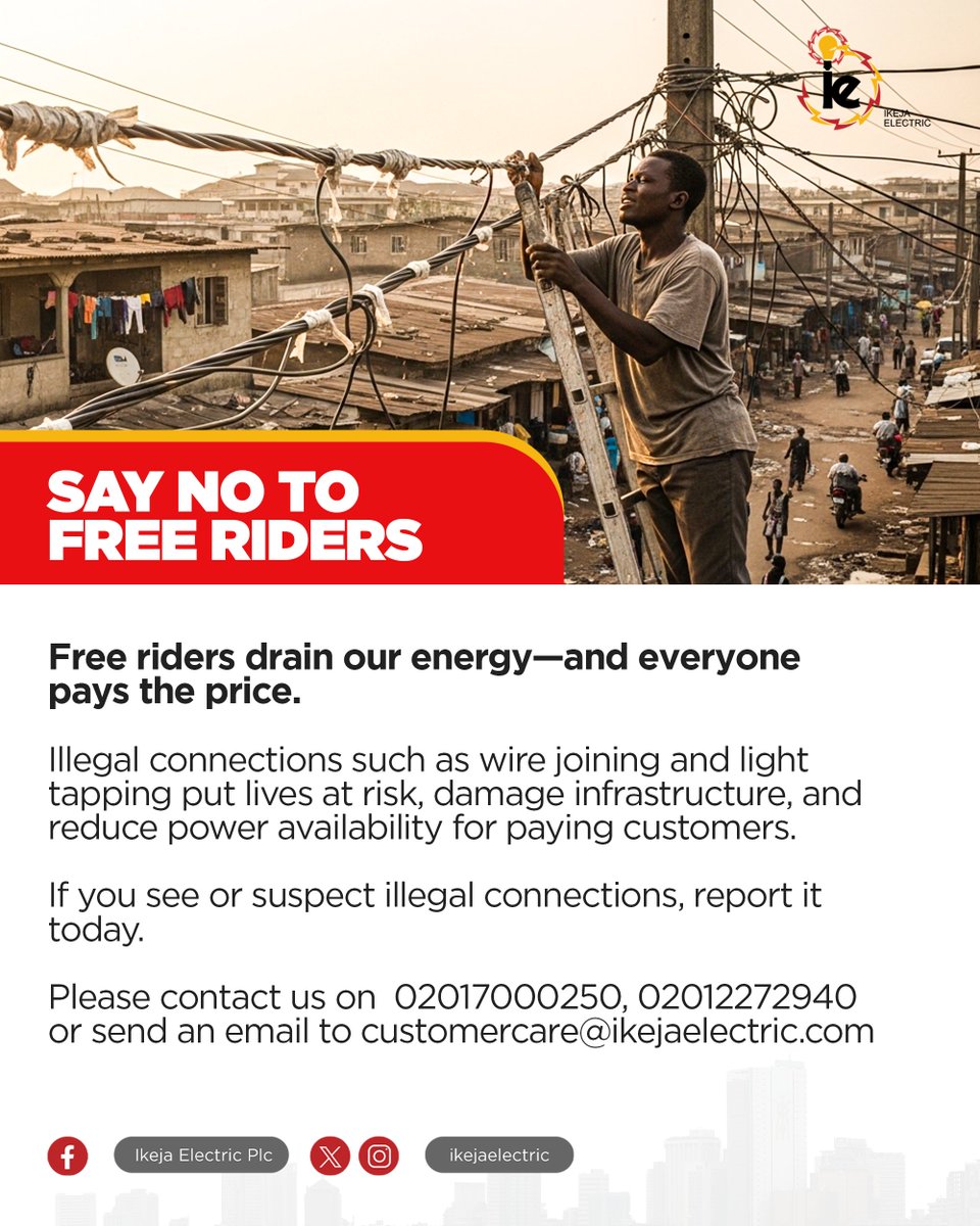 Electricity theft is not a victimless act.

Illegal connections and energy diversion may seem small, but their impact is massive and unsafe for communities.

Say NO to free riders.

#SayNoToFreeRiders
#CommunitySafety
#BringingEnergyToLifeResponsibly