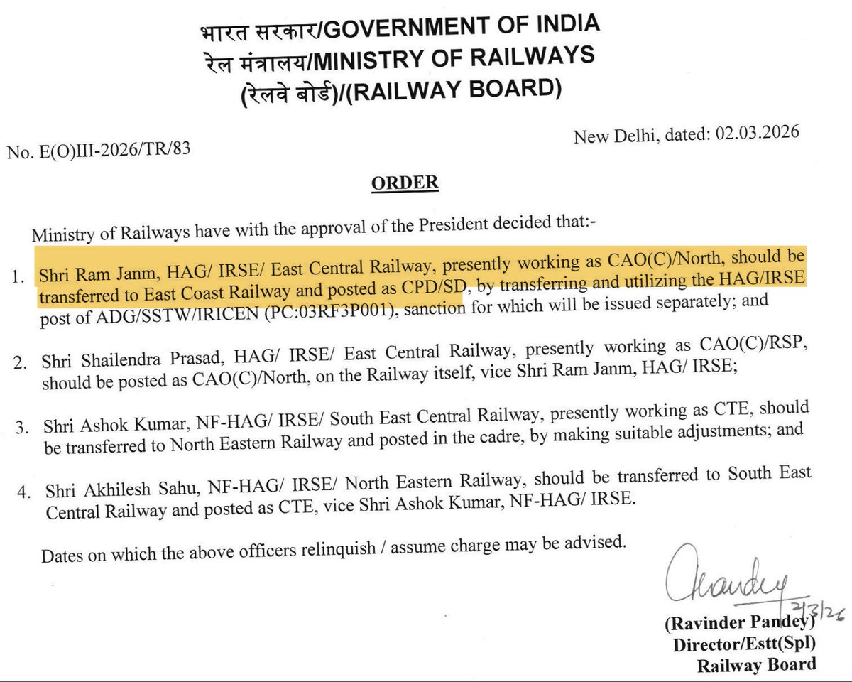 XTweet24's tweet photo. A good step taken by #MemberInfra, transferring CAO(C)/North/ECR and posting him CPD/SD/ECoR.
The way things were going in #ECR were concerning; major rotations in JAG/SAG/HAG posts are needed in every Zonal Railway.
As #PM is focusing on "Seva Sankalp", only #Rotation can help. https://t.co/yR3CDOuG2J