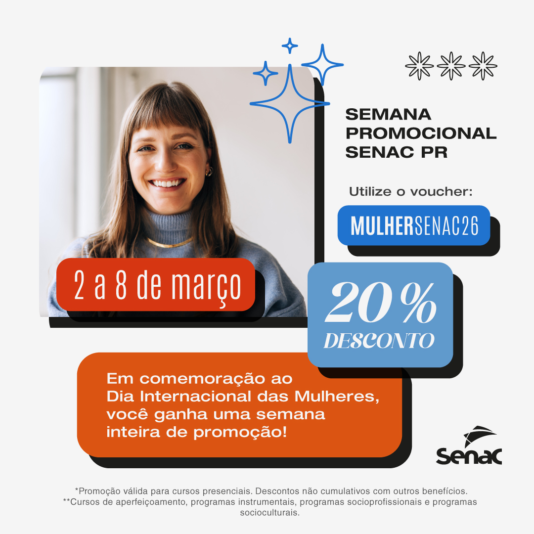 Em comemoração ao Dia da Mulher, você ganha uma semana inteira de promoção no Senac PR. 💙
Inscreva-se do dia 02 a 08 de março e ganhe 20 % de desconto em cursos selecionados.
Use o voucher: MULHERSENAC26
Saiba mais: pr.senac.br/?ca=39
#SenacPR #Cursos #DiaDaMulher