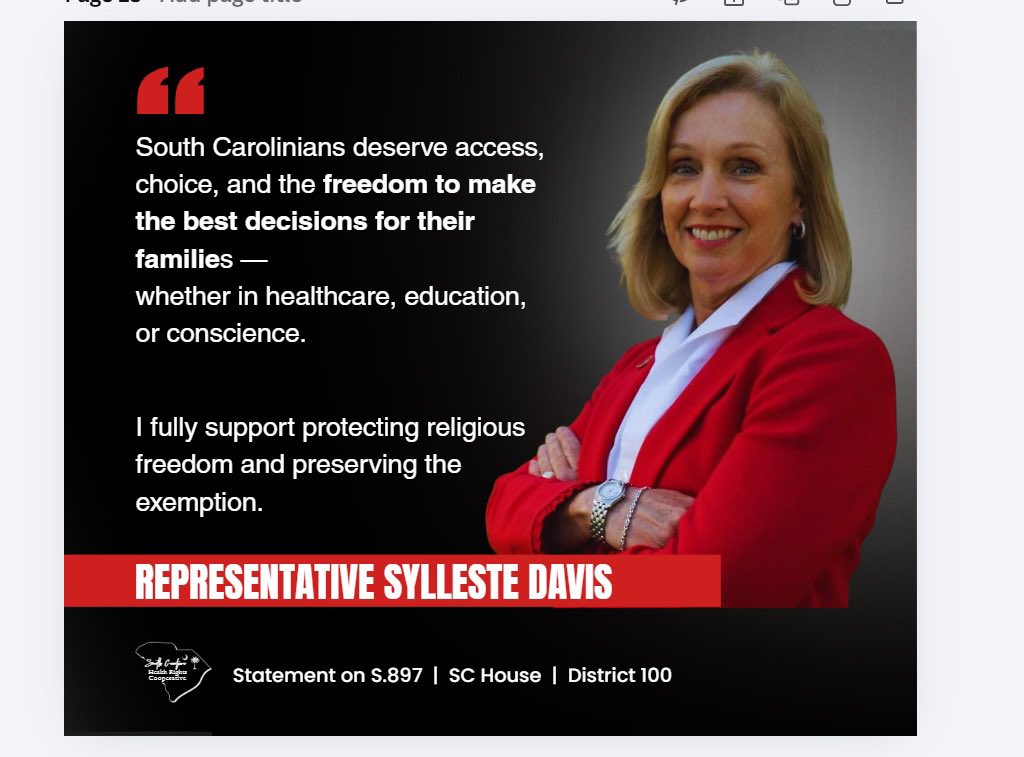 ajones1229's tweet photo. Serving as Chair of the 3M Committee, @syllestedavis plays a central role in shaping public health legislation.
She stands for preserving religious exemptions and protecting freedom of conscience under the law.

#wearredsc #religiousfreedom #parentalrights https://t.co/2VnFF3OeSY
