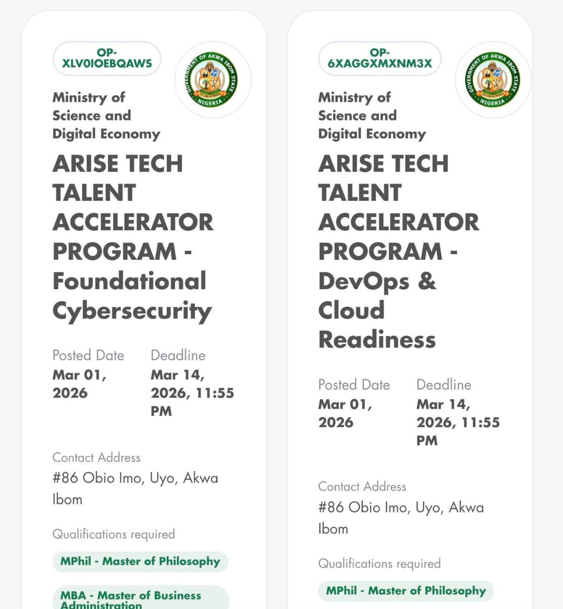 📢 BREAKING

NEW OPPORTUNITIES ON THE EMPLOYMENT PORTAL

The Ministry of Science and Digital Economy announces that six (6) new opportunities have been published on the Akwa Ibom State Employment Portal.

💡 The ARISE Tech Talent Accelerator Program — a strategic digital skills