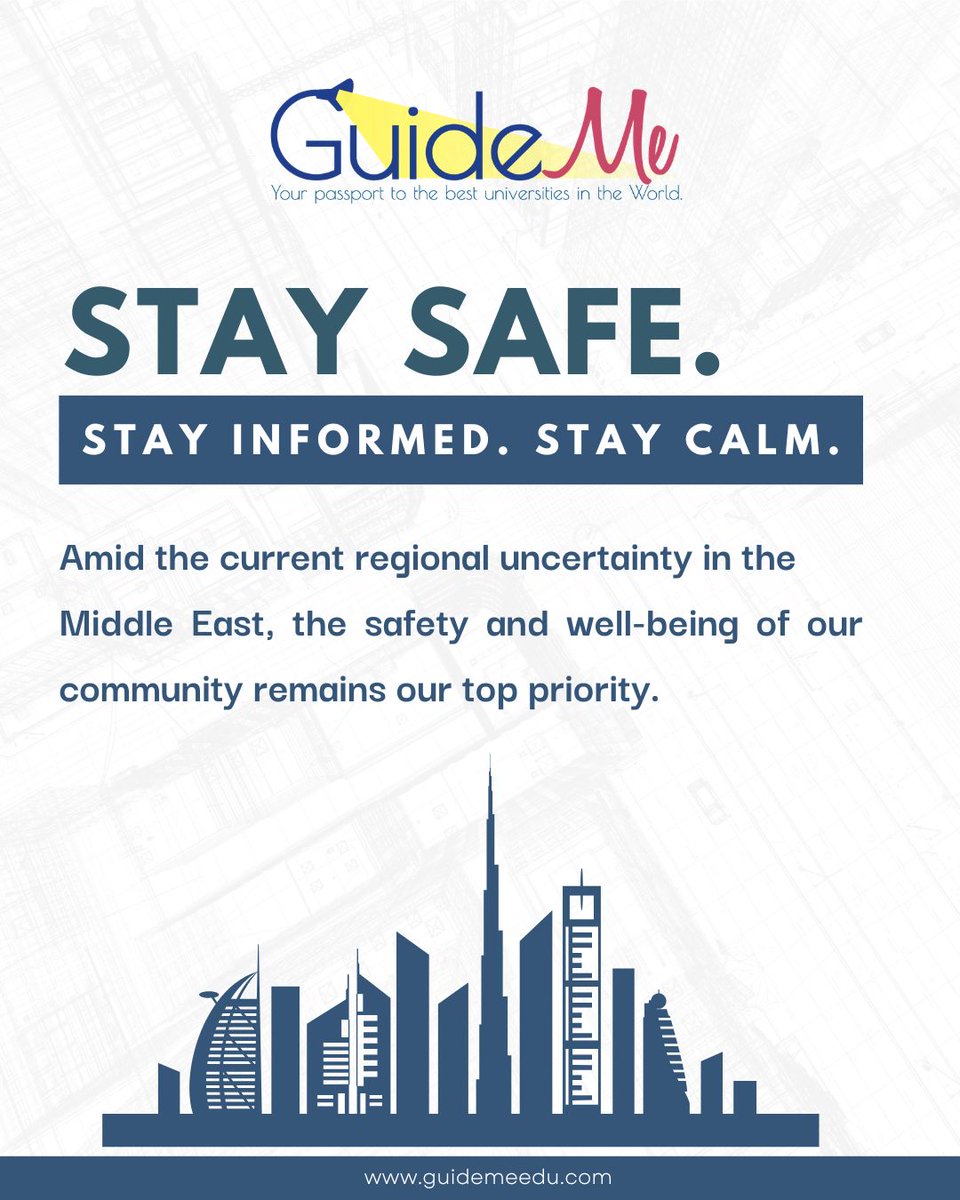 GuideMeEdu's tweet image. We encourage our students, parents, and community to stay informed through official sources, prioritize safety, and remain calm.

Your well-being always comes first.

We’re here to support you. 🌍

#StaySafeUAE #CommunityFirst #GuideMe #GuideMeEducation #StayInformed #MiddleEast