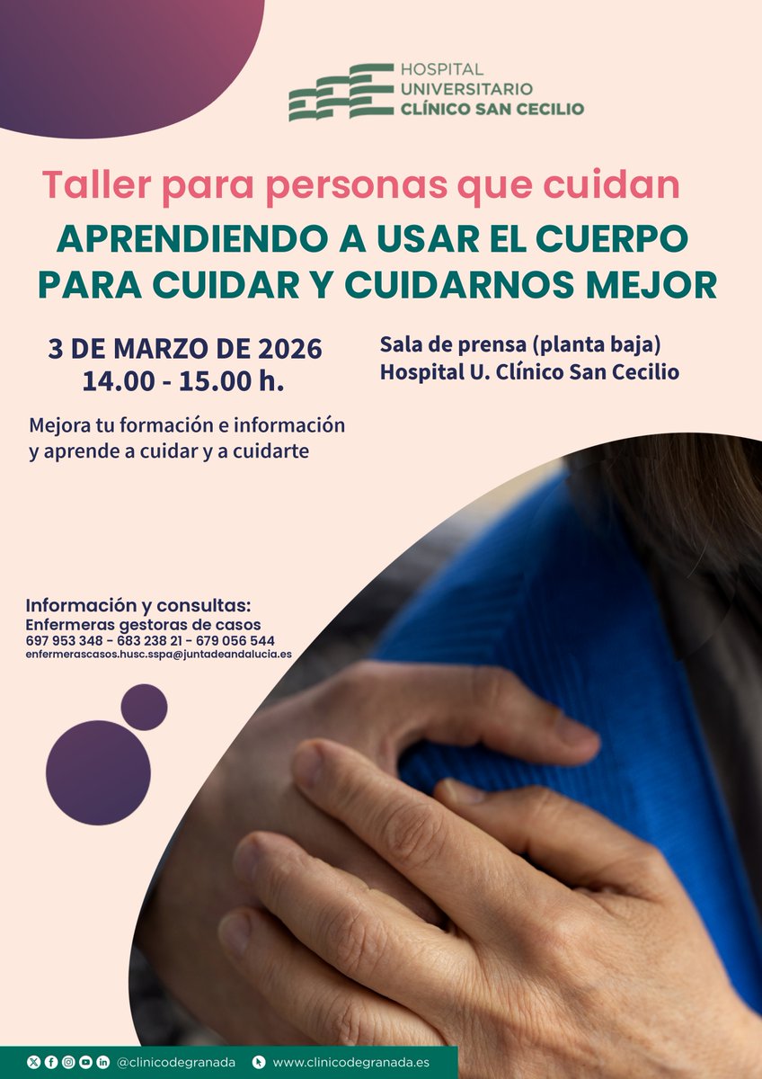 clinicogranada's tweet photo. 👉"Aprendiendo a usar el cuerpo para cuidar y cuidarnos mejor"
Taller para personas que cuidan

🗓️3 de marzo. 14.00 horas
📍Sala de prensa del 🏥
ℹ️Acceso libre

@saludand @HumanizAndal https://t.co/31ZyuERGrT
