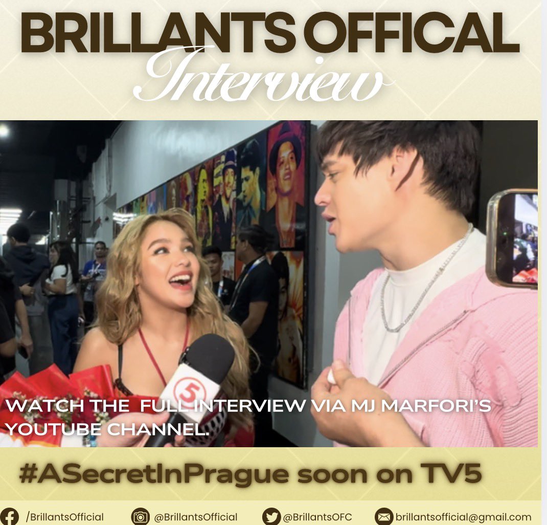 Andrea Brillantes and Enrique Gil to star in A Secret in Prague — coming soon on TV5 Network.  

Watch the full interview on Mj Marfori's youtube channel. Thank you so much for featuring #ASecretInPrague   lead stars. 

Click the link to engage,Brillants!💛✨
🔗 :