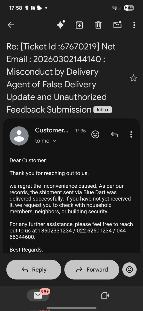 mandal_abhash's tweet photo. Hey @BlueDartCares !
I hope your team which reviews the "Write to Us" form submissions from your website, have the ability to understand what I actually meant in the description. But it doesn't seem so reading the reply I got. https://t.co/Q8E9VemVLd