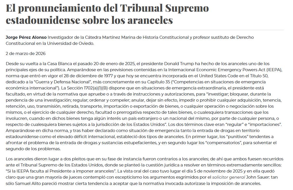 cepcgob's tweet photo. Nueva entrada en el #BlogCEPC
"El pronunciamiento del Tribunal Supremo estadounidense sobre los aranceles" por Jorge Pérez Alonso
https://t.co/JZGyD5p22Y https://t.co/tX4jMtBuke