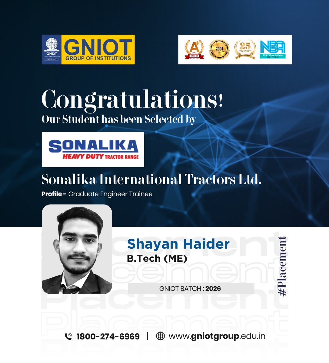 GNIOTCollege's tweet image. GNIOT congratulates a BTech Mechanical Engineering student on securing a Graduate Engineer Trainee role at Sonalika International Tractors. Wishing continued success ahead.
 #GNIOT #PlacementSuccess #MechanicalEngineering