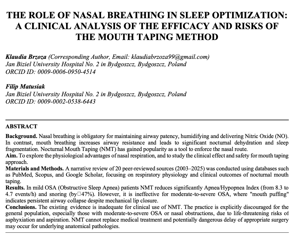 BrandonLuuMD's tweet photo. New findings on mouth taping:

Mild OSA: works well (AHI: 8.3 → 4.7), ↓ 47% snoring

But for moderate-to-severe OSA: no benefit and potentially harmful (risk of asphyxiation, aspiration) https://t.co/3vnr1nYlts