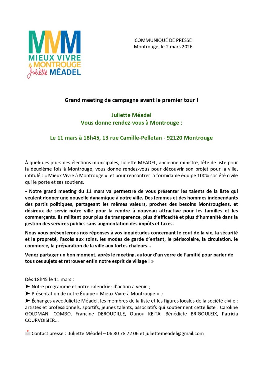 juliettemeadel's tweet photo. Je vous invite le 11 mars à notre grand meeting  pour présenter les membres la liste "Mieux vivre à Montrouge" et notre projet, en présence de nombreux  talents locaux. ✨Inscrivez-vous vite ici : 📩 mieuxvivreamontrouge@gmail.com. https://t.co/Jbgj2dYCIH
