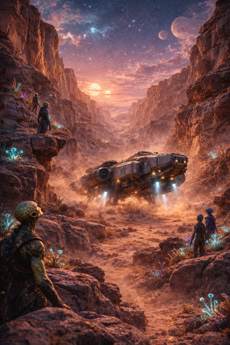 RainVortexAI's tweet photo. RAIN VORTEX // ORIGIN FILE 05

esert Detour

The Kestrel IX is low on fuel.

I know it.
Helix Dominion knows it.
And every bounty hunter scanning trade routes knows it too.

Fuel stations are traps.

#RainVortex #SciFiArt  #SciFiWorldbuilding #DigitalStorytelling #AIcharacters https://t.co/fex0Ddj47b