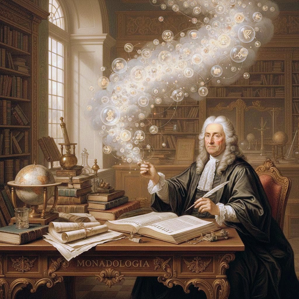ZKarasova's tweet photo. Gottfried Wilhelm Leibniz and his monads; an illustration for my current manuscript On the Way to Münchhausen - considering a motto. #author #writerstory #Leibniz #monad #Raspe #Hannover #truth #Munchhausen #Consciousness #ZQK https://t.co/EDgkWuIZ0r
