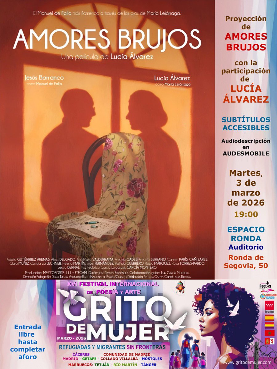 Mezzoforte111's tweet photo. Mañana martes, en el Festival Internacional @gritodemujer podéis ver #amoresbrujoslapelicula de @Lucia_Alvarez_ 

Será en el @espacio.ronda (Ronda de Segovia, 50. Madrid)

Por supuesto, será plenamente #accesible 

#madrid https://t.co/flhINyLL24