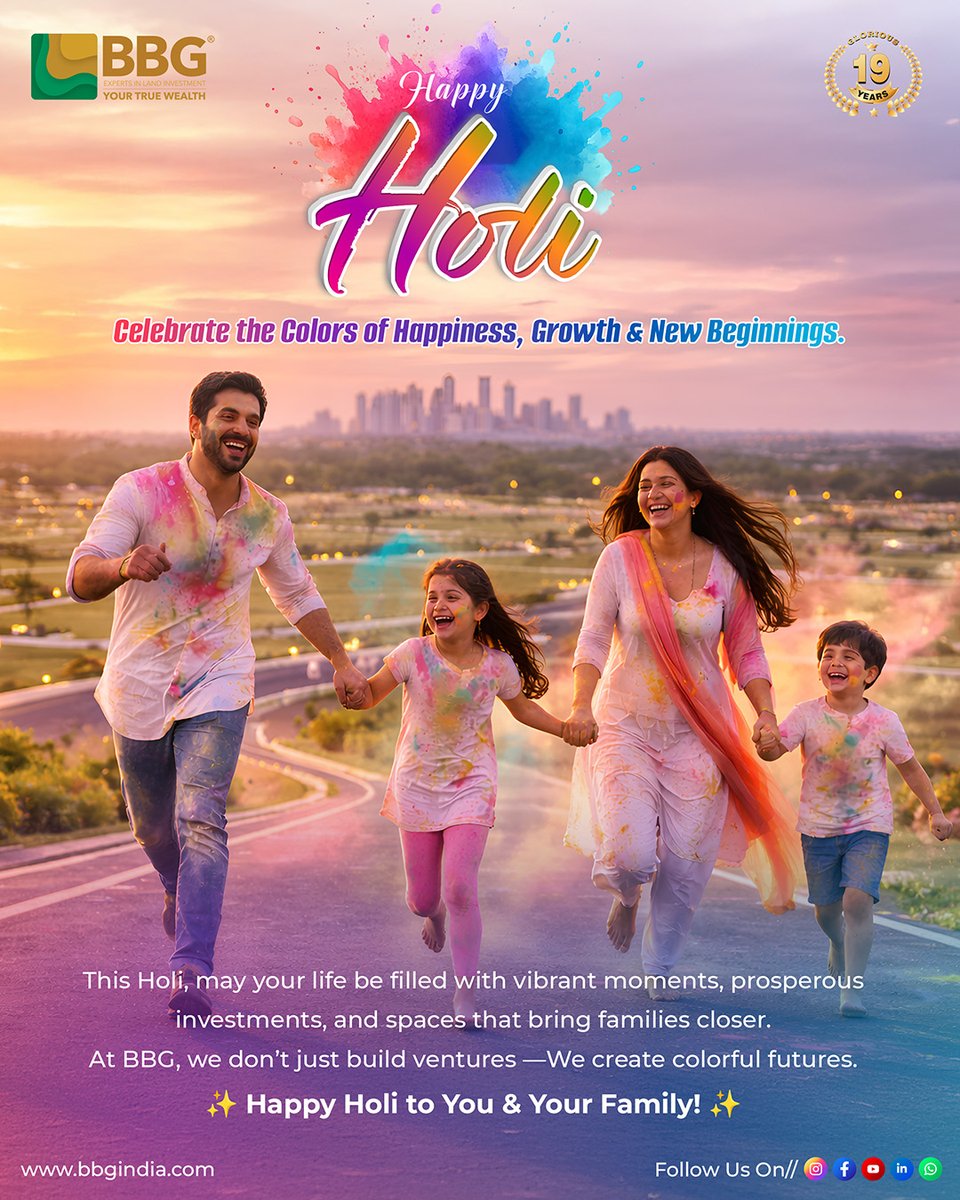 bbgindia's tweet photo. Celebrate Colors.
Celebrate Growth.
Celebrate New Beginnings.

This Holi, may your life be filled with happiness &amp; prosperous investments.

✨ Happy Holi from BBG! ✨

#HappyHoli #BBG #buildingblocksgroup #FestivalOfColors #Growth #NewBeginnings #RealEstateIndia #InvestSmart https://t.co/yr7X80VtGM