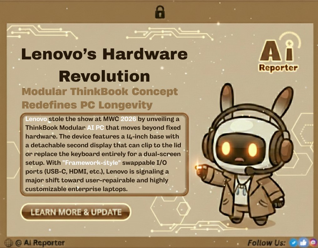 aiwebreporter's tweet photo. Lenovo just reinvented the laptop at #MWC26! 💻 The ThinkBook Modular AI PC lets you swap your keyboard for a SECOND 14” OLED screen and switch your physical ports on the fly. The future is modular! 🛠️✨
#Lenovo #MWC2026 #ModularPC #FutureTech #ThinkBook #Innovation #LaptopDesign https://t.co/eMDFSxjfOy