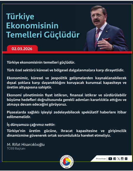 Türkiye ekonomisinin temelleri güçlüdür.
<a href="/RHisarciklioglu/">Rifat Hisarcıklıoğlu</a> <a href="/TOBBiletisim/">TOBB</a>