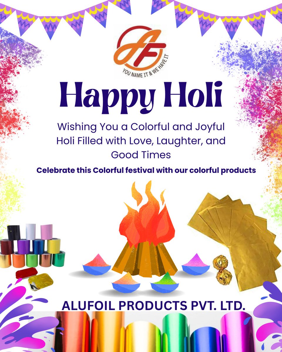 alufoilindia's tweet image. 🪅Happy Holi🪅Celebrate this Colorful Festival with our Colorful Products ❤🧡💛💚💙💜🖤
#coloredfoilcontainer #bakingcups #kitchenfoil #chocolatefoil #sweetcups