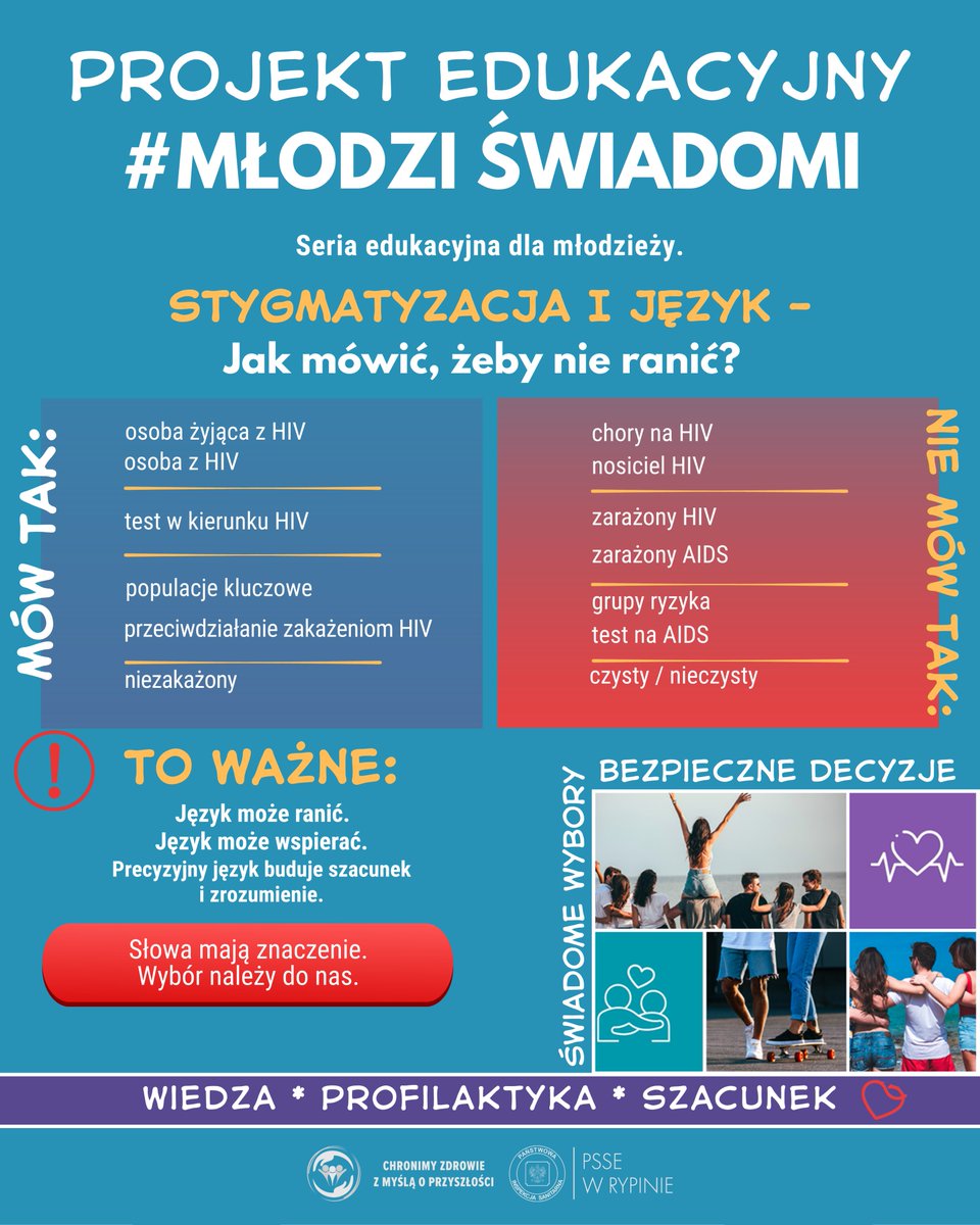 PsseRypin's tweet photo. Szacunek zaczyna się od słów.
W rozmowach o HIV wybierajmy język, który nie rani i nie stygmatyzuje. Precyzja buduje zrozumienie.
WIEDZA • PROFILAKTYKA • SZACUNEK
więcej: https://t.co/9usAqBukaL
#MłodziŚwiadomi #Szacunek #EdukacjaZdrowotna #Profilaktyka #PSSE https://t.co/MrqpaOE8aB