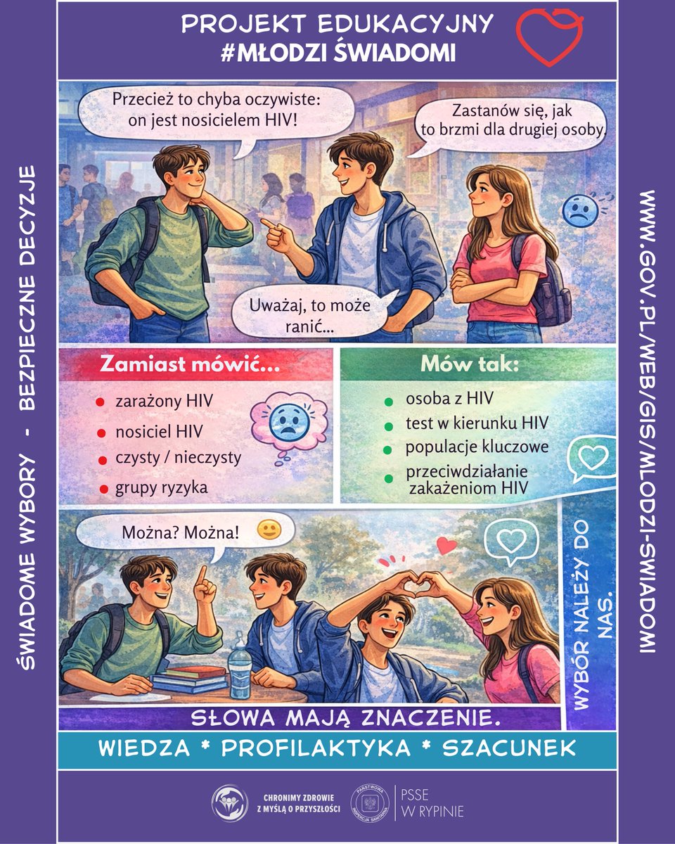 PsseRypin's tweet photo. Szacunek zaczyna się od słów.
W rozmowach o HIV wybierajmy język, który nie rani i nie stygmatyzuje. Precyzja buduje zrozumienie.
WIEDZA • PROFILAKTYKA • SZACUNEK
więcej: https://t.co/9usAqBukaL
#MłodziŚwiadomi #Szacunek #EdukacjaZdrowotna #Profilaktyka #PSSE https://t.co/MrqpaOE8aB