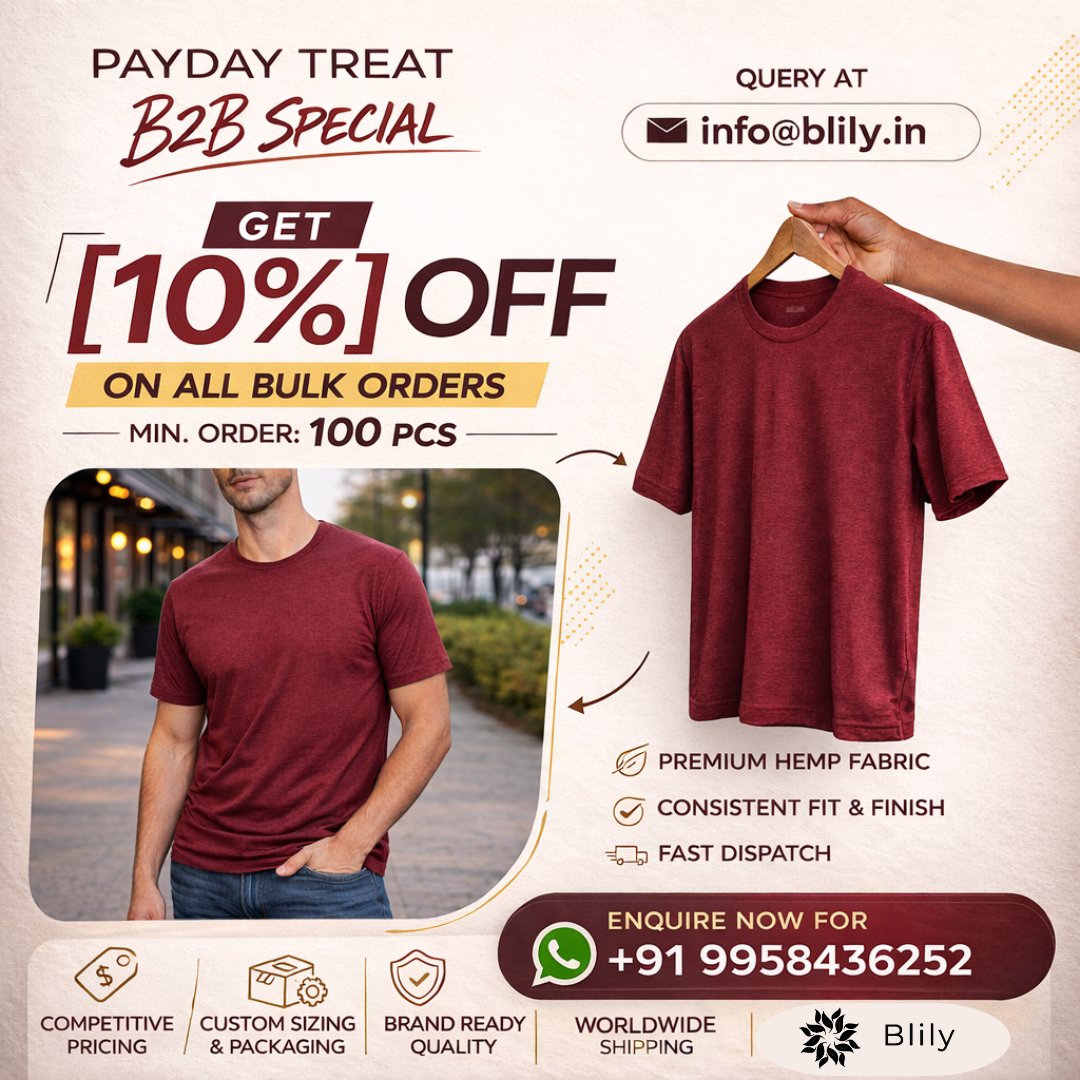 Blily2023's tweet photo. Premium Hemp T-Shirts for serious brands
10% OFF on bulk orders
MOQ: 100 pcs
Worldwide shipping
Let’s build sustainable fashion at scale.
#HempClothing #B2B #WholesaleApparel #SustainableFashion #PrivateLabel #EcoFriendly @AmericanHempHub @fashion @HempClothing_UK https://t.co/gcq33pmfFp