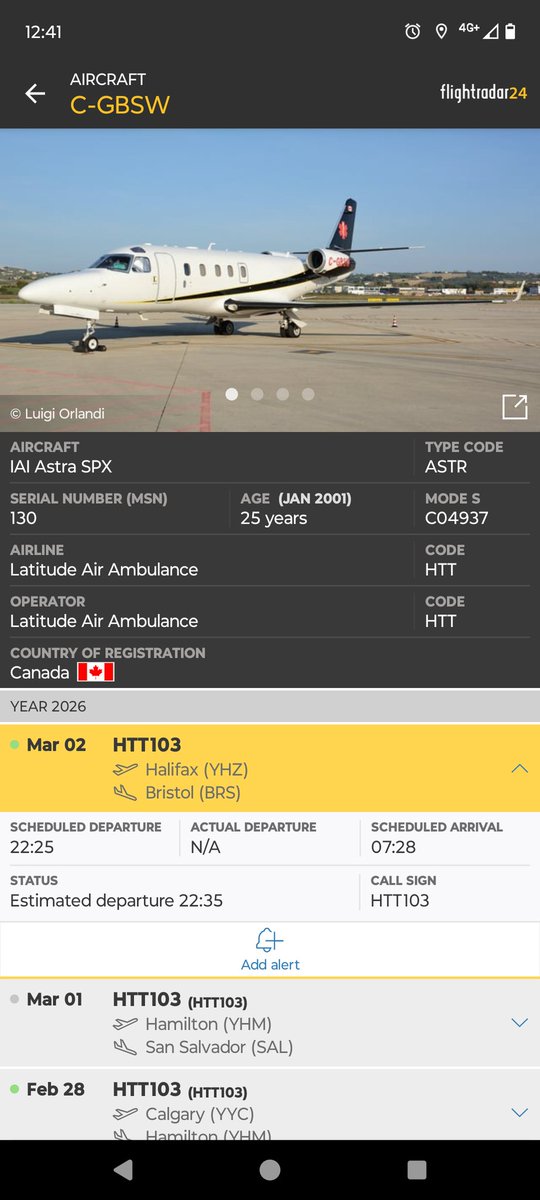 OliverJSmith's tweet photo. I wonder if any Bristol Airport spotters  fancy an early start tomorrow to capture this air ambulance C-GBSW on arrival ETA 0728 Tuesday 3/3? Would be keen to see any pictures. https://t.co/yWmJfcuOtP