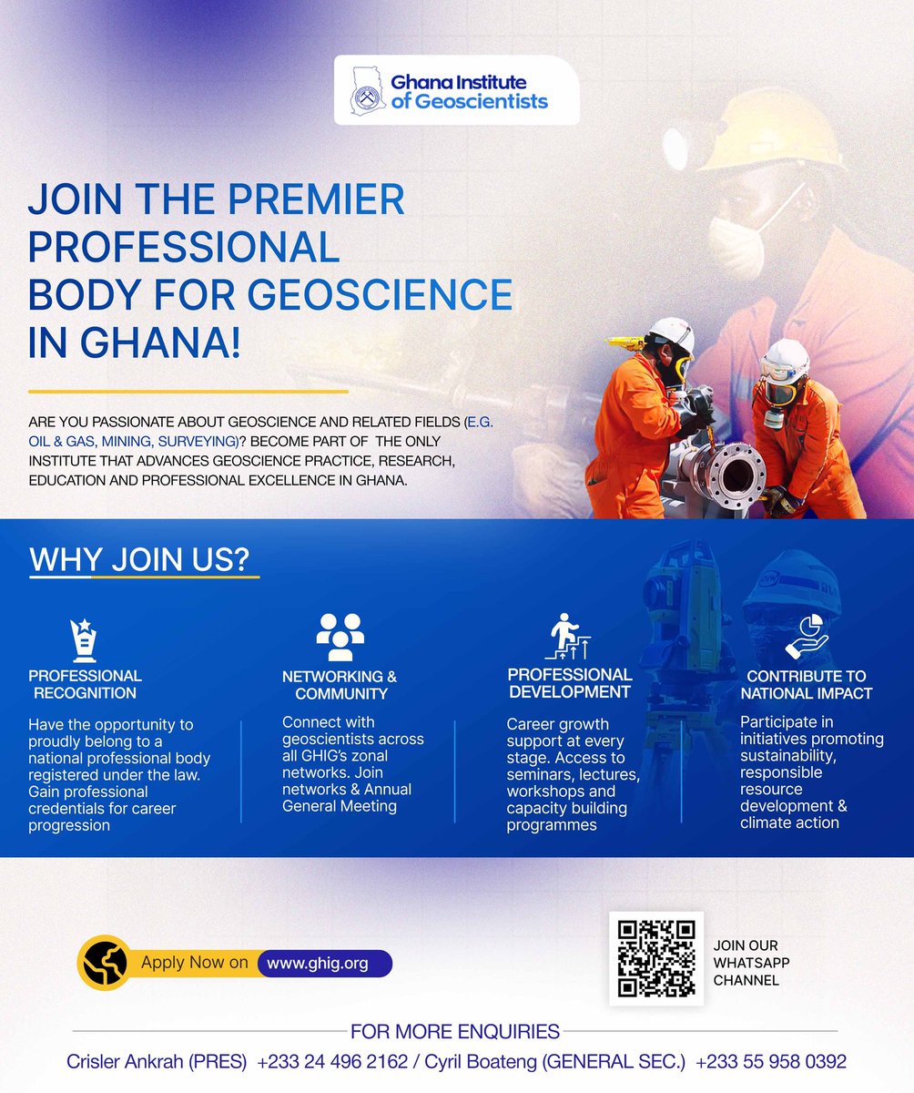 GhIG_1's tweet photo. The Ghana Institute of Geoscientists (GhIG), Ghana’s premier professional geoscience community, invites you to become a member.

Explore membership and be part of a collective shaping the future of geoscience in Ghana.
#geoscience #mining #GhIG https://t.co/L13cb4W0H1