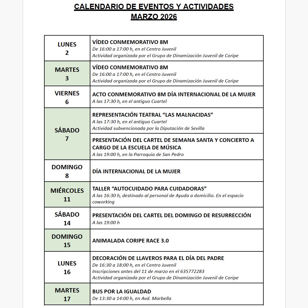 AytoCoripe's tweet photo. ‼ Publicado el calendario de actividades para este mes de Marzo ‼

✅ https://t.co/U4yHsW5uod

✅ https://t.co/qed6jZZxzl

#marzo2026 #SemanaSanta #8M #animalada2026 #turismocoripe #visitacoripe #corip https://t.co/CYg8MowCz0