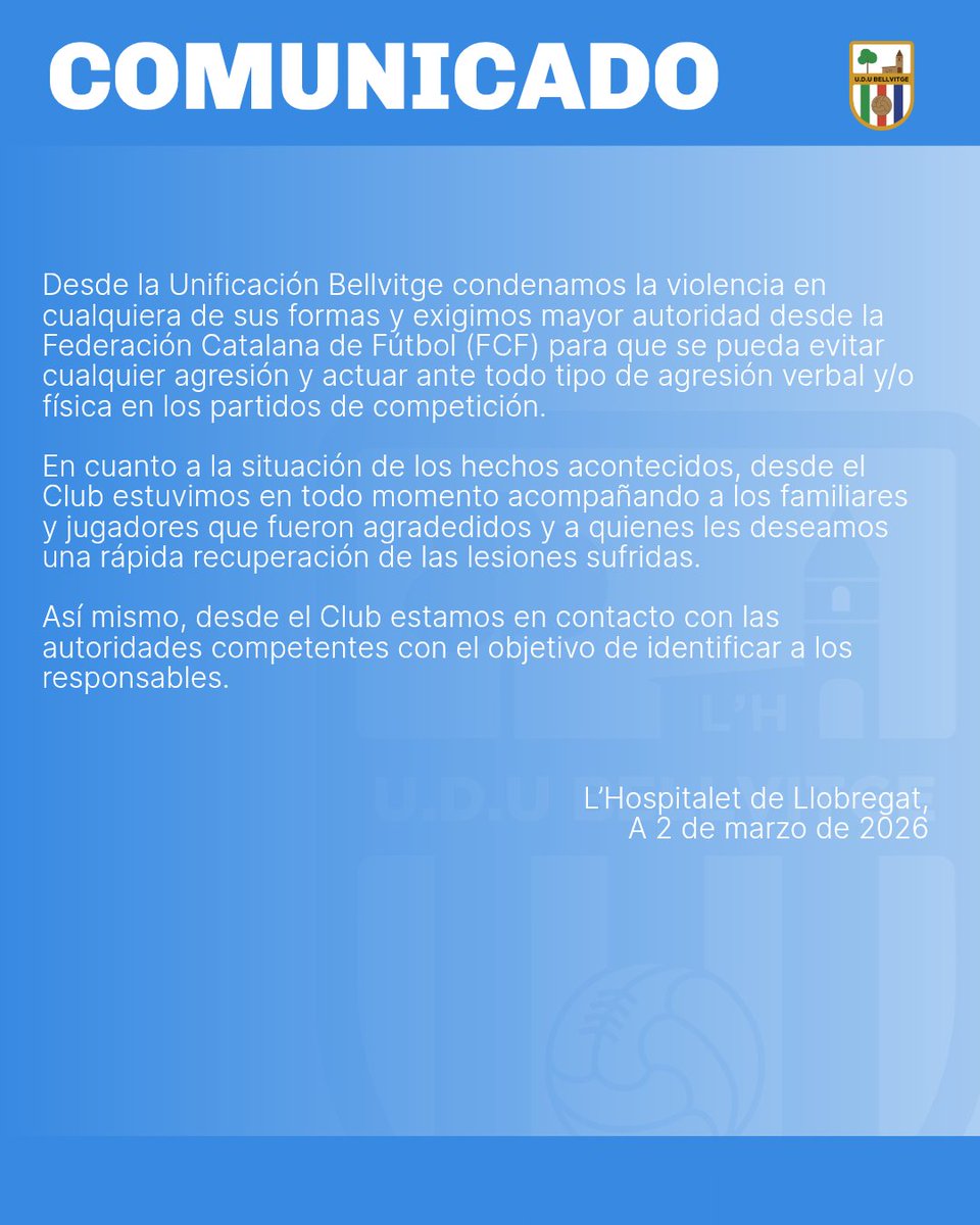 UniBellvitge's tweet photo. 𝐂𝐎𝐌𝐔𝐍𝐈𝐂𝐀𝐃𝐎 | Ante los hechos acontecidos en el encuentro del Juvenil A en Santa Coloma de Gramenet este pasado domingo 1 de marzo de 2026.

#VamosUni | #Bellvitge | 🔵🔵 https://t.co/ATSmJF6d1j
