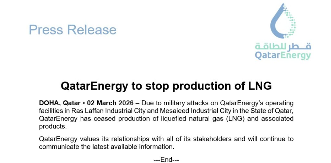 arbaj_aims's tweet photo. @QatarEnergyLNG to stop production of LNG

Due to military attacks on QatarEnergy’s operating facilities in Ras Laffan Industrial City and Mesaieed Industrial City in the State of Qatar, QatarEnergy has ceased production of liquefied natural gas (LNG) and associated products. https://t.co/xwRtp3g19R