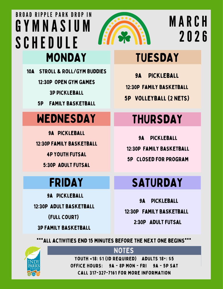 March Gym Schedule is here 🍀
Drop-In Gym at Broad Ripple Park all month with pickleball, basketball, futsal, volleyball &amp; more.
Youth $1 (ID req)
Adults $5
Call 317-327-7161
#IndyParks #BroadRipple #OpenGym #IndyFitness