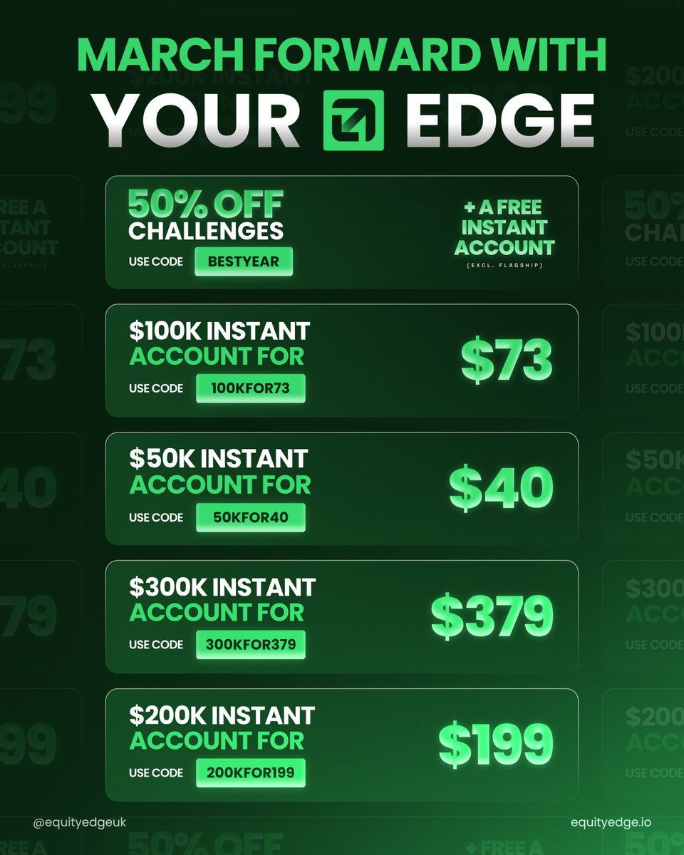 Take the challenge…or take the capital.

➡️ 50% OFF all challenges (excl. flagship).

Or skip straight to instant funding 👇

🔥 $50K Instant - Now $40 (Save $135) Code: 50KFOR40
🔥 $100K Instant - Now $73 (Save $232) Code: 100KFOR73
🔥 $200K Instant - Now $199 (Save $406) Code: