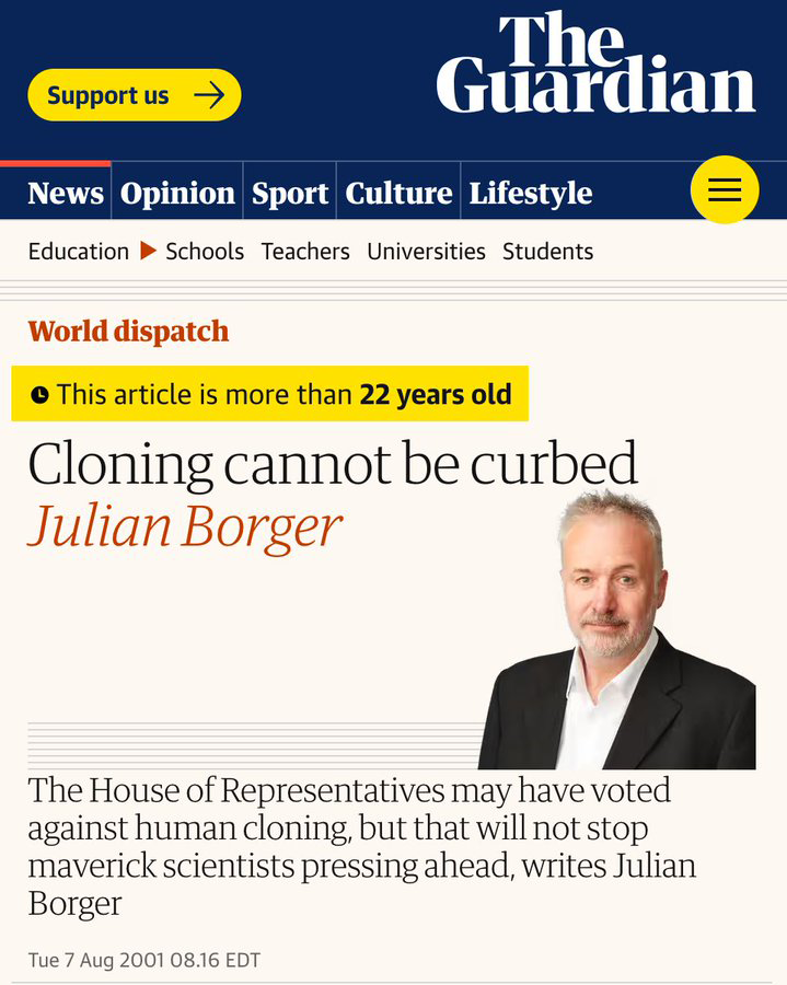 Kabamur_Taygeta's tweet photo. 25 years ago, it was acceptable to be concerned about human cloning.

Suddenly everyone stopped talking about it and it's been presented as science fiction ever since. 

Simply put, if an animal can be cloned, so can a human.

The elites had more to gain by keeping it a secret.