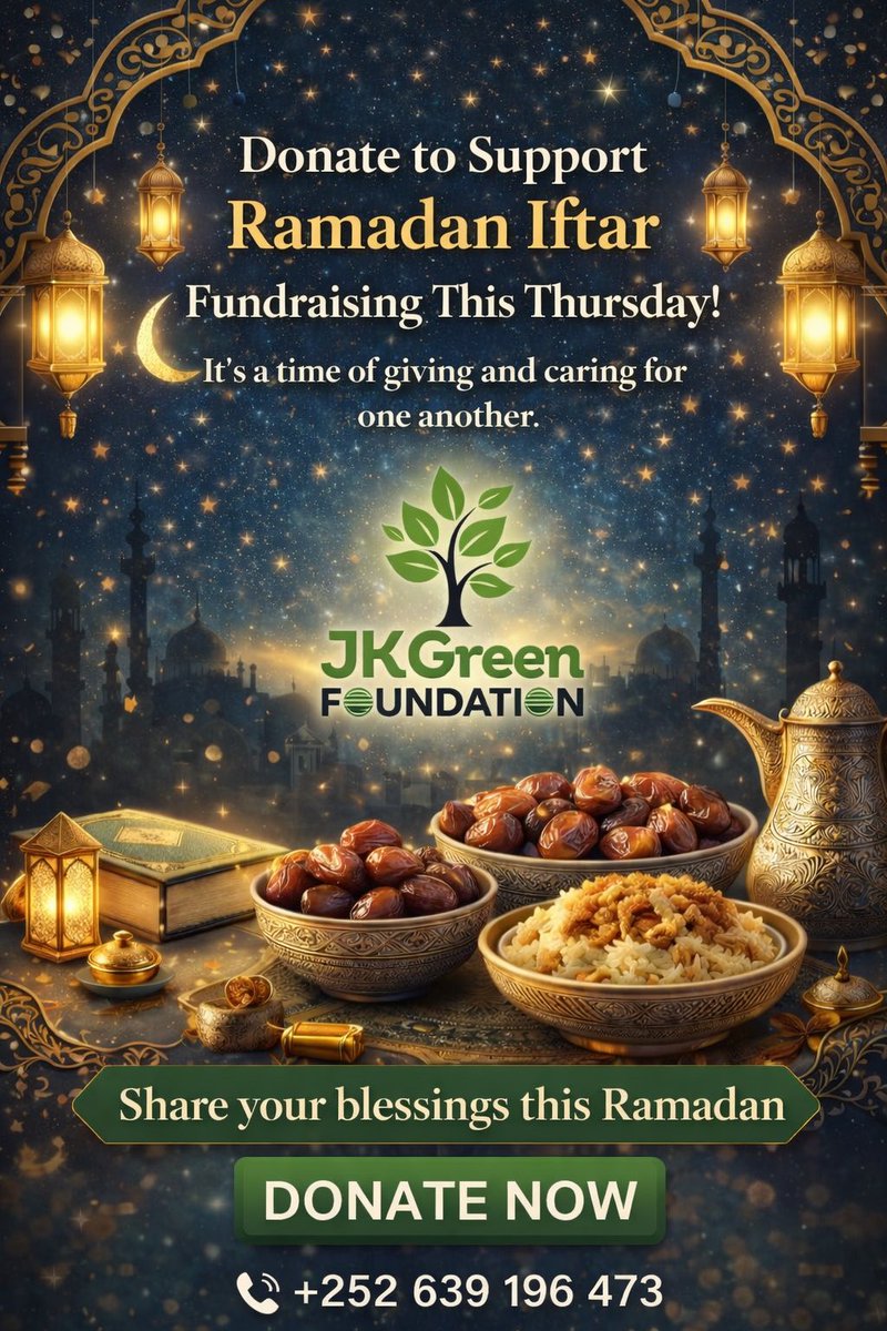 JKGreenFdn's tweet photo. 🌙 Ramadan is a time to give.

This Thursday, JK Green Foundation is fundraising to provide Iftar meals for vulnerable families in Northeast Somalia.

Every donation helps feed those in need.

+252 639 196 473
 https://t.co/n4BSL3fYeU

#Ramadan #IftarCampaign #JKGreenFoundation https://t.co/G3tuFDUVlS
