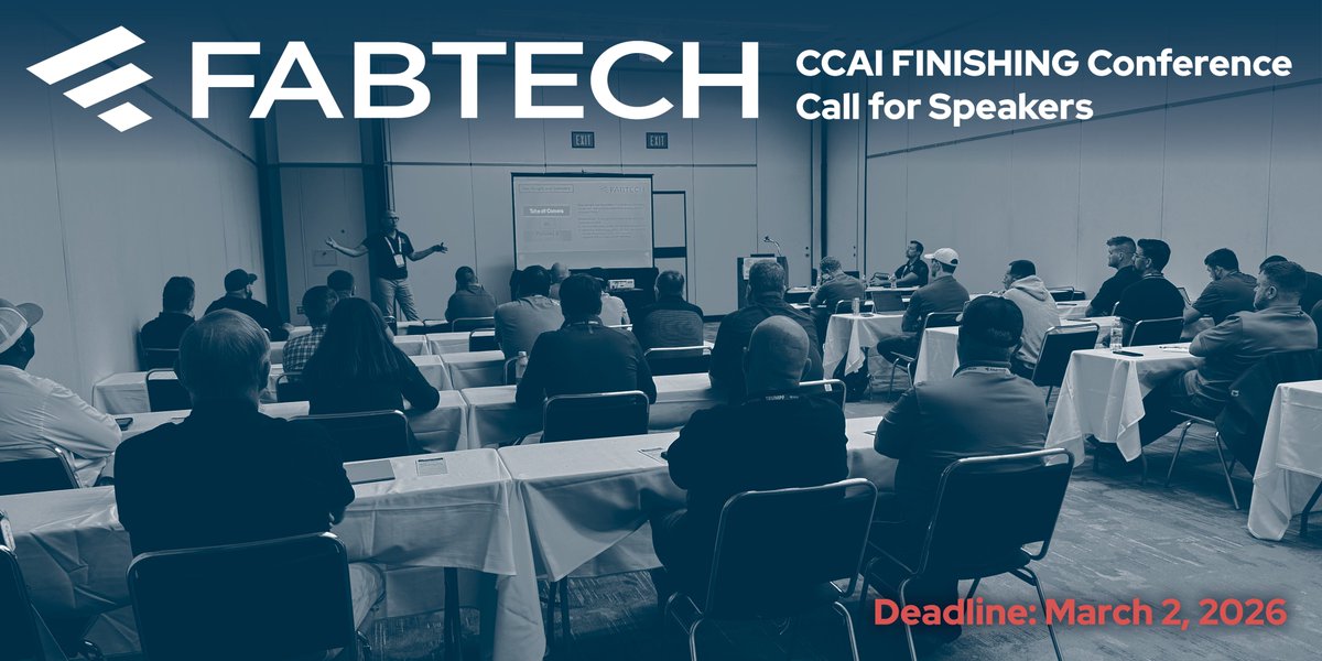 IFCAonX's tweet photo. It's your LAST CHANCE to be a part of the CCAI FINISHING Conference at FABTECH Expo in Las Vegas this October! The deadline to submit an abstract is today, March 2, so don't miss your opportunity to share your finishing expertise with the industry. 

https://t.co/ZTENjzdGqq https://t.co/lZEBghdSmz