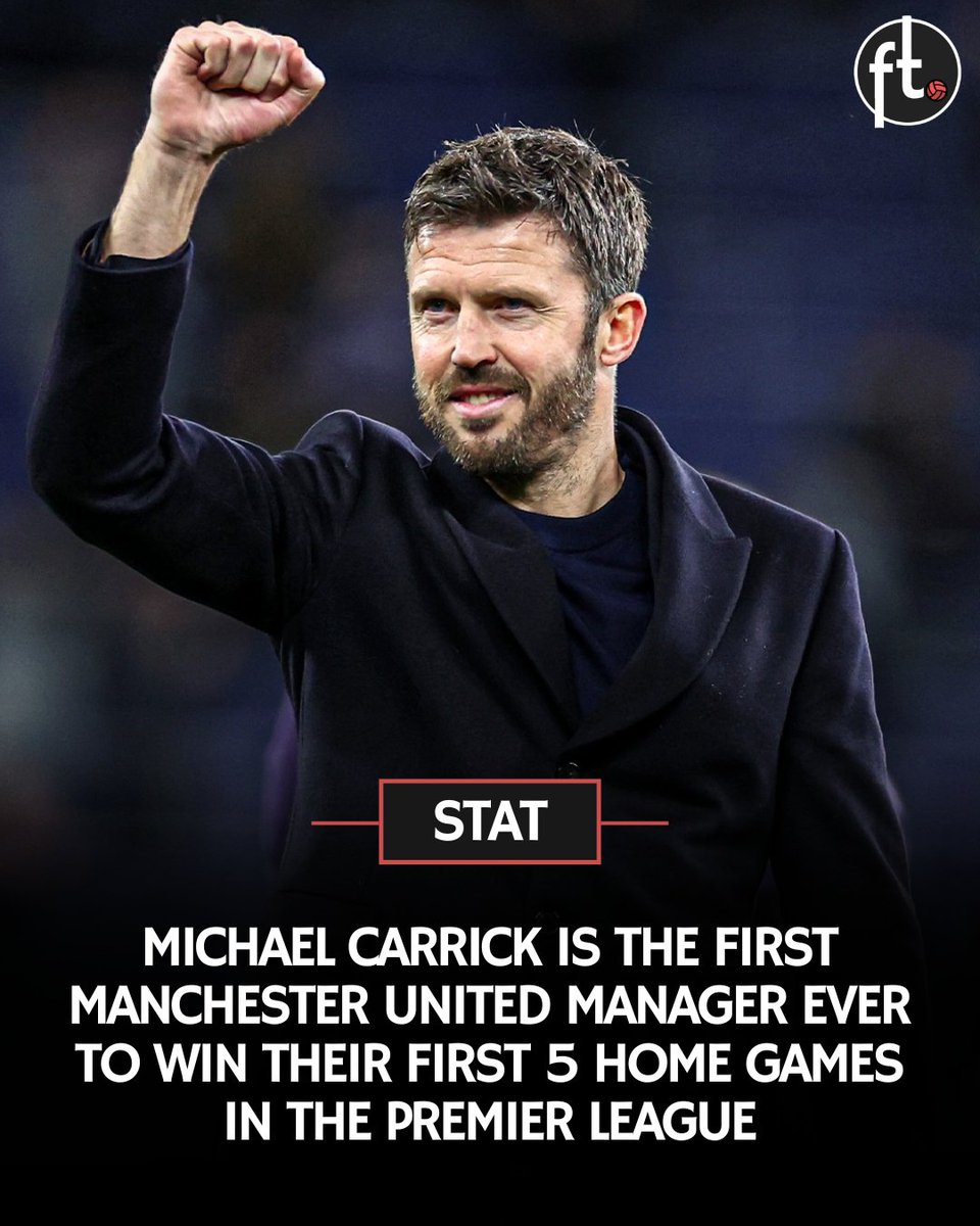 Footballtweet's tweet photo. 🔴 Michael Carrick is the first Manchester United manager ever to win their first 5 home games in the Premier League:

✅ Man Utd 2-1 Crystal Palace
✅ Man Utd 2-0 Tottenham
✅ Man Utd 3-2 Fulham
✅ Man Utd 2-0 Man City
✅ Man Utd 3-2 Arsenal (from his first tenure)

📍🏟️ Fortress Old Trafford is back.