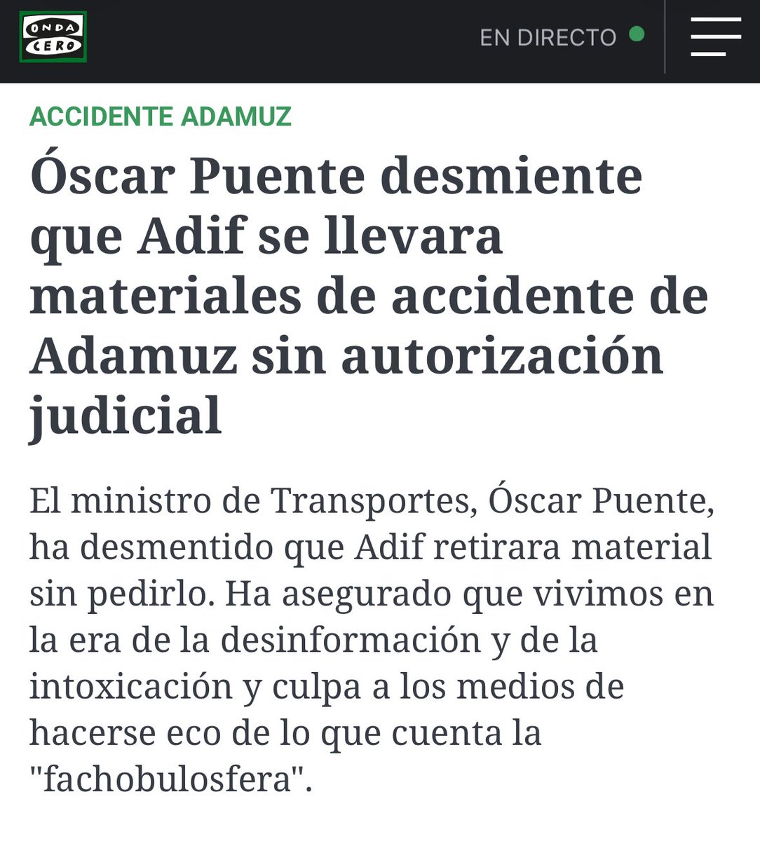Óscar Puente desmintió que Adif se llevara materiales de Adamuz sin autorización judicial. Eran cosas de  la "fachobulosfera".

Hoy el ministro recoge cable. Adif SÍ se llevó materiales pero lo hizo sin mala intención. 

“Adif no actuó de mala fe”.  🤦🏻‍♂️