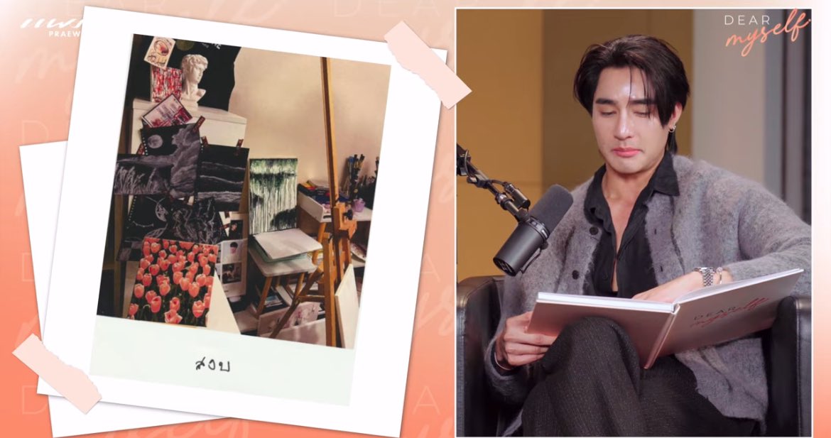 YILOVEY's tweet photo. Picture of one another that you took. 

🌎This is a photo of my drawings picture from fc and a bit of Mix in this photo. When I look at a photo of Mix. I feel like this is the Nong that I have to take care. Because he’s always take care of me. We go through thick and thin together. Make us become us today. When I paint I look at the inspiration in my house. Mix photo, flowers, photos from my trip. It makes me want to paint more. My heart is more peaceful. 

Text
“Peaceful

🎤There are a it of photos of Mix why you choose this one? 

🌎It’s a small photo but this one has has sentimental value. 

🪐it’s quite abstract. 

🌎It’s my orbit with Mix’s photo in the center. 

 #DearMyselfxEarthMix #เอิร์ทมิกซ์ #EarthMix #Earthpirapat #mixxiw