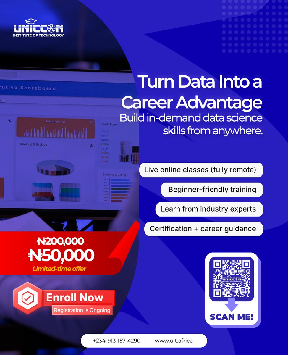 UITAfrica's tweet image. Happy New Month.

March is your reset button. Press it with Data Science and watch your career respond.

Enrollment is ongoing.

Sign up today.
selar.com/433x300jk5

#DataScience #TechCareer #UITAfrica