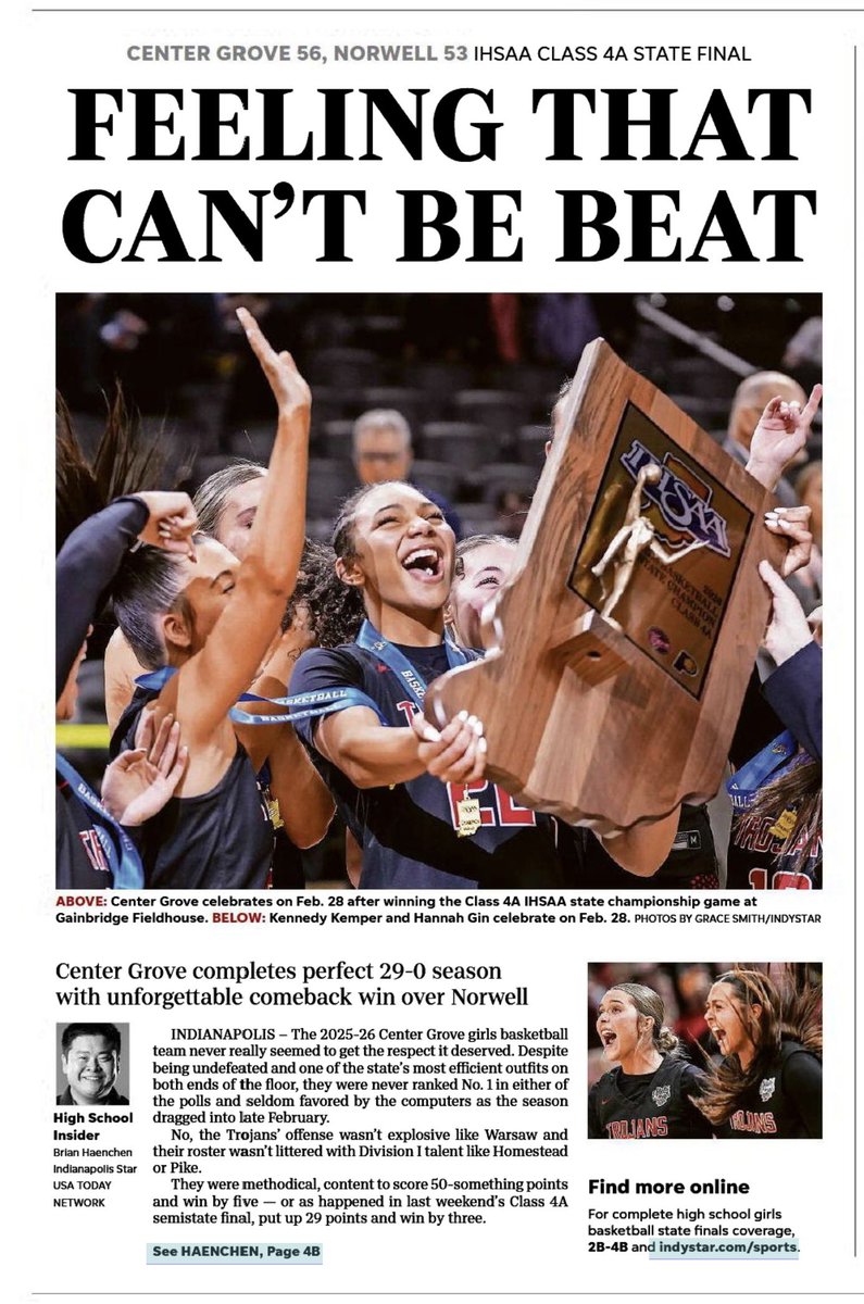 On today’s <a href="/IndyStarSports/">IndyStarSports</a> cover: The undefeated Class 4A state champion <a href="/cghs_wbb/">Center Grove WBB</a> team.

📰: indystar.com/story/sports/h…