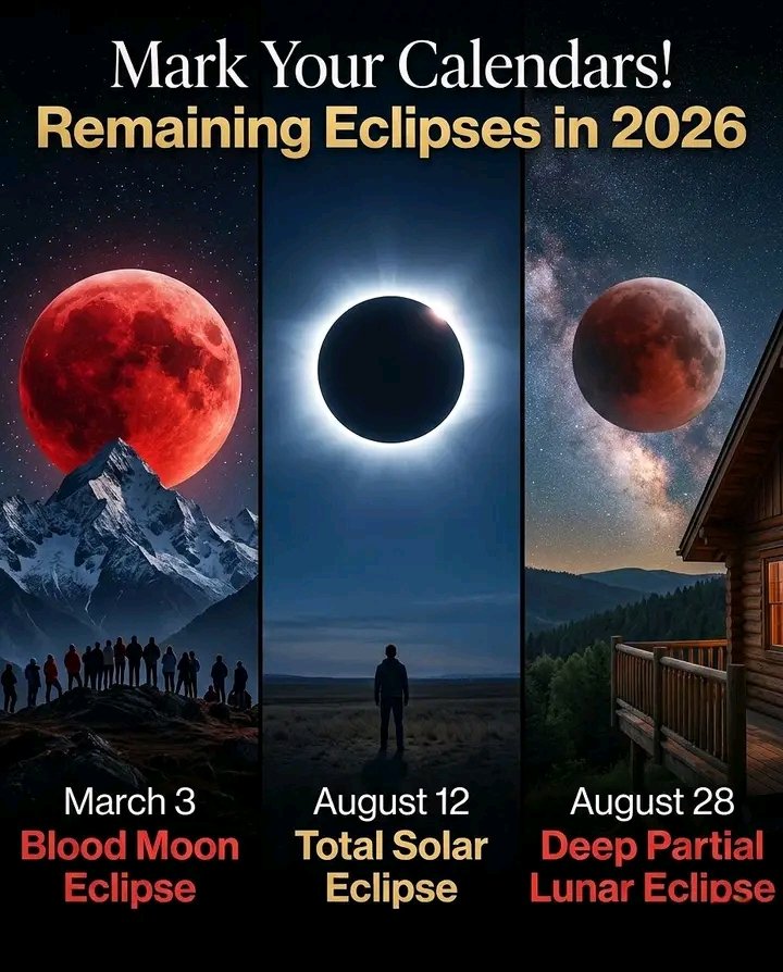 🚨 STOP SCROLLING — 2026 IS ABOUT TO BREAK THE SKY. 🌌
Three eclipses.
Sixteen days apart.
One summer the world won’t forget.
If you love viral sky moments, cinematic sunsets, or once-in-a-lifetime cosmic drama… 2026 is YOUR year.
🔴 March 3, 2026 — TOTAL LUNAR ECLIPSE (Blood