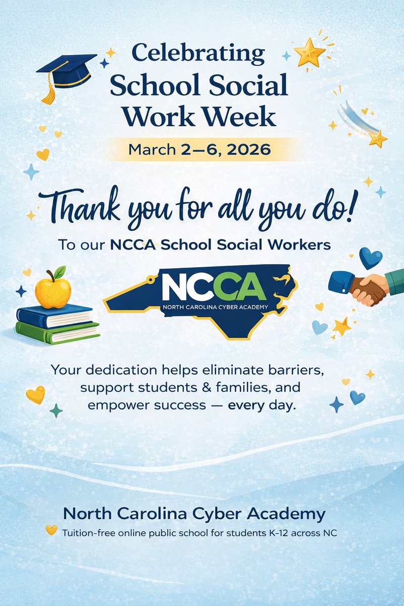 📷📷 Happy School Social Work Week! 📷📷
March 2–6, 2026
This week, we proudly celebrate the incredible School Social Workers of North Carolina Cyber Academy.
Thank you for the care, professionalism, and heart you bring to NCCA. We are grateful for all you do!