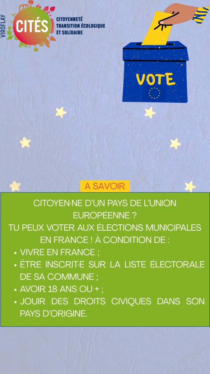 2026Cites's tweet photo. 🇪🇺Citoyen(ne) d’un pays de l’UE ? Vous pouvez voter aux élections municipales et communautaires en France !

#municipales2026 #MobilisationCitoyenne #YourVoteMatters #viroflayvillevivante https://t.co/1NelwvE0Q5