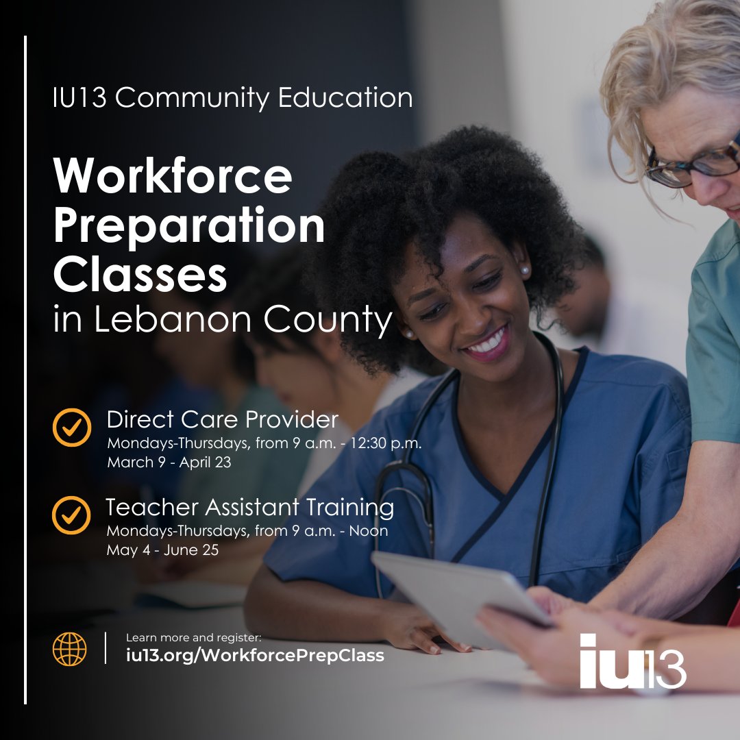 CommunityEdIU13's tweet photo. Want to become a Direct Care Provider? IU13’s FREE course covers essential occupational and communication skills.
🩺 Mar 9–Apr 23 | Mon–Thu, 9–12:30
📍 Lebanon PA CareerLink
Register by Mar 3: 717 606 1708
https://t.co/owjmlGT0Qv https://t.co/gonPXYjvNo