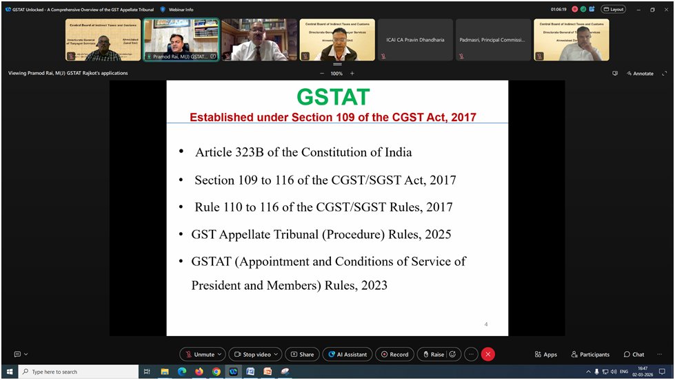 Today, DGTS AZU, in association with ICAI Ahmedabad  hosted a Webinar on GSTAT – A Comprehensive Overview. The Eminent Speaker Sh. Pramod Kumar rai Member (J) GSTAT Rajkot, offered valuable insights into the genesis, objective and procedures of GSTAT functioning. Glimpses: