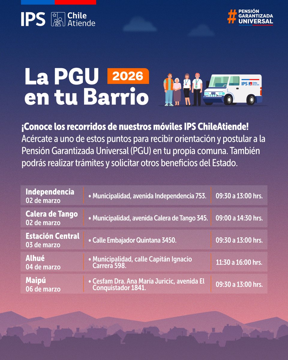 IPSChile's tweet photo. ¡Buenos días!👋

🔔Iniciamos marzo contándoles que esta semana continúan los recorridos de los móviles IPS ChileAtiende🚐, esta vez por #Independencia, #CaleraDeTango, #EstaciónCentral, #Alhué y #Maipú, para que con tus vecinas y vecinos puedan:

👉Conocer y postular a la #PGU. https://t.co/u3qyNPCjQW